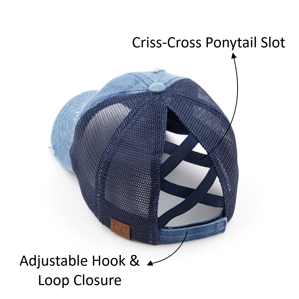 A denim trucker-style cap shown from the back with overlaid callout labels pointing to the 'Criss-Cross Ponytail Slot' and 'Adjustable Hook & Loop Closure.' The cap has a light blue washed denim front and crown, dark navy mesh back panels, navy elastic back straps, and a small tan leather patch with 'CC' branding.