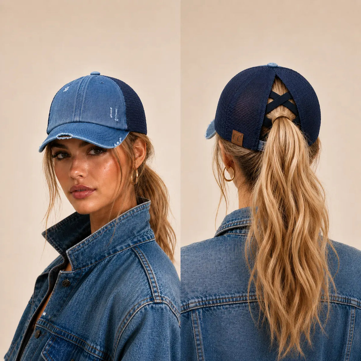 A woman modeling a blue denim trucker cap from the front and back against a plain beige studio background. The front view shows a light blue denim front panel and dark navy mesh back, while the back view shows the navy mesh and adjustable dark strap closure.
