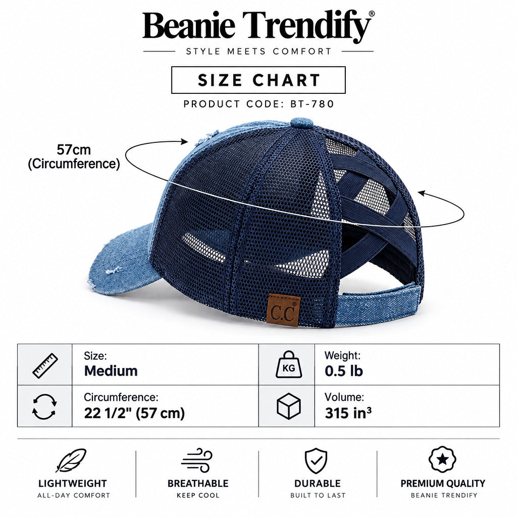Blue denim cap with measurement details on a white background