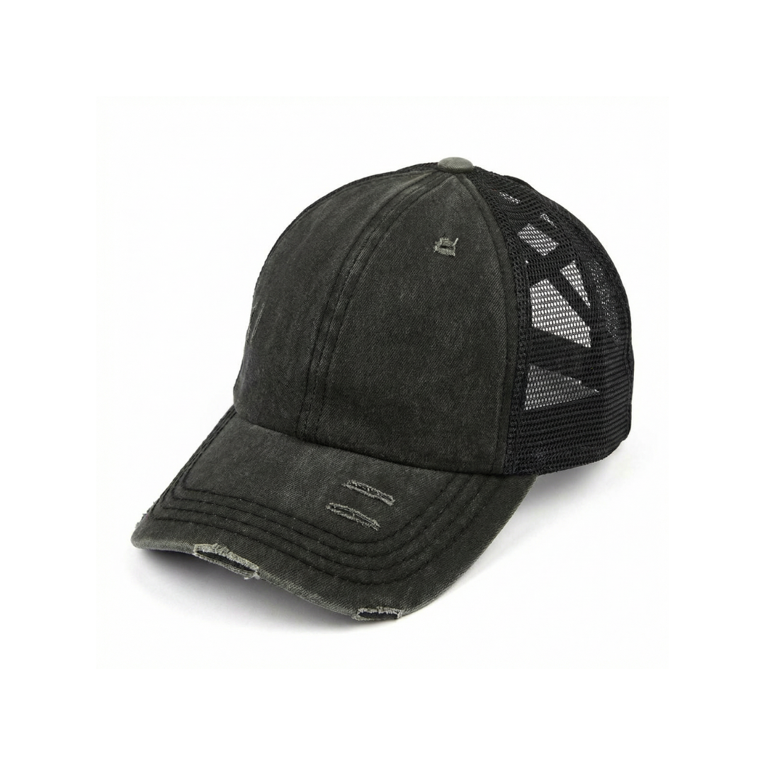 Distressed Criss-Cross Ponytail Cap