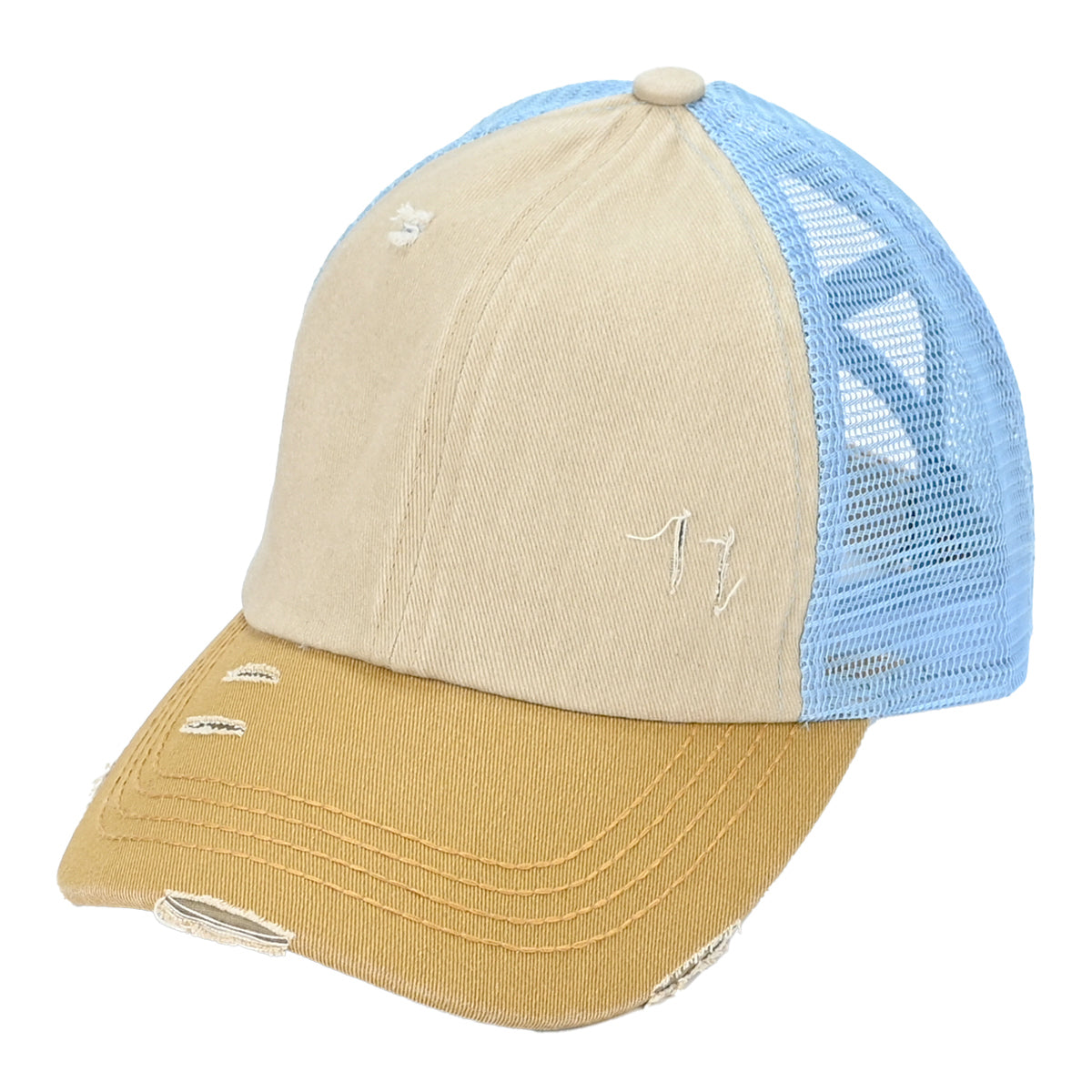 C.C 3-Tone Distressed Criss-Cross Ponytail Cap
