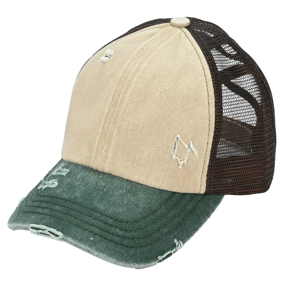 C.C 3-Tone Distressed Criss-Cross Ponytail Cap