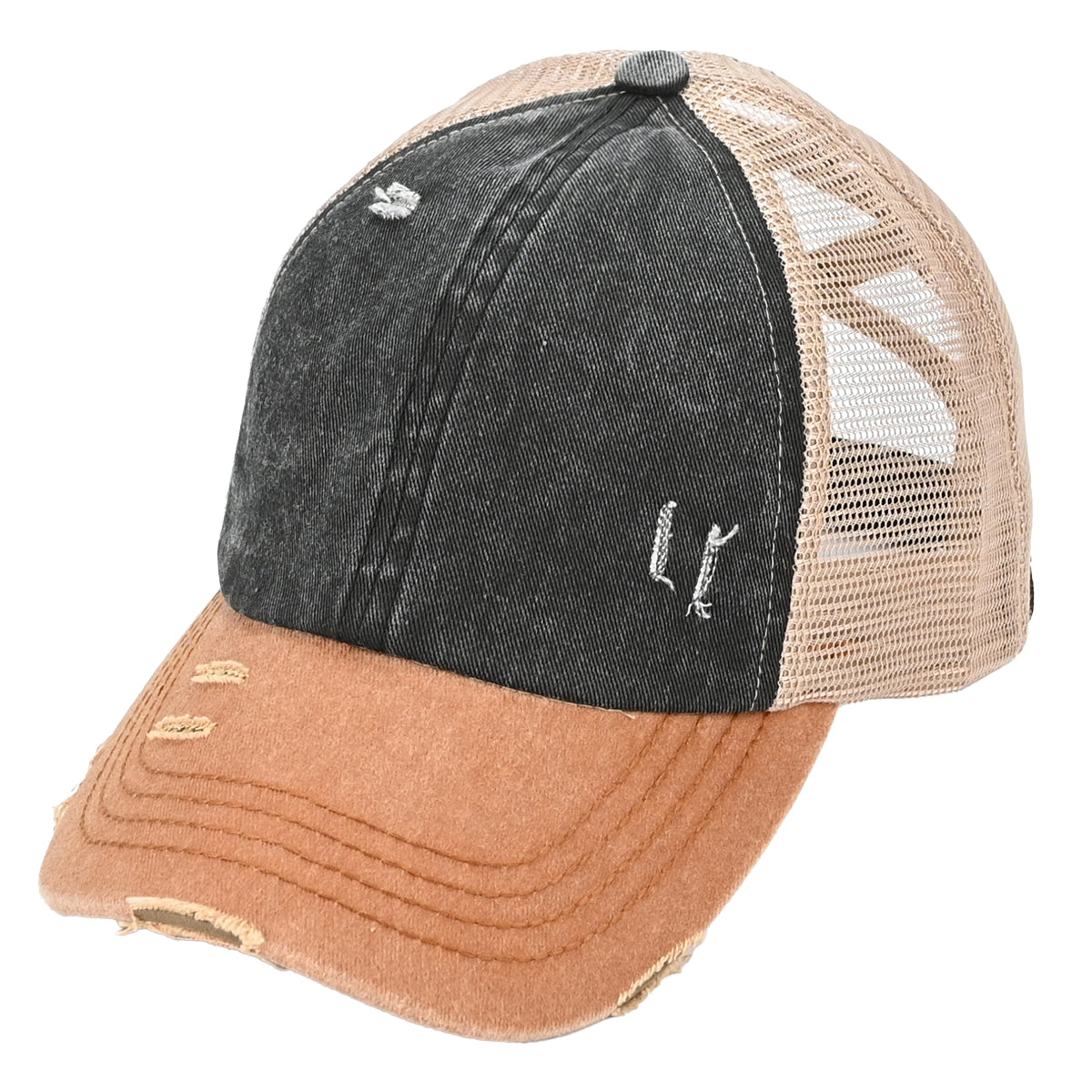 C.C 3-Tone Distressed Criss-Cross Ponytail Cap