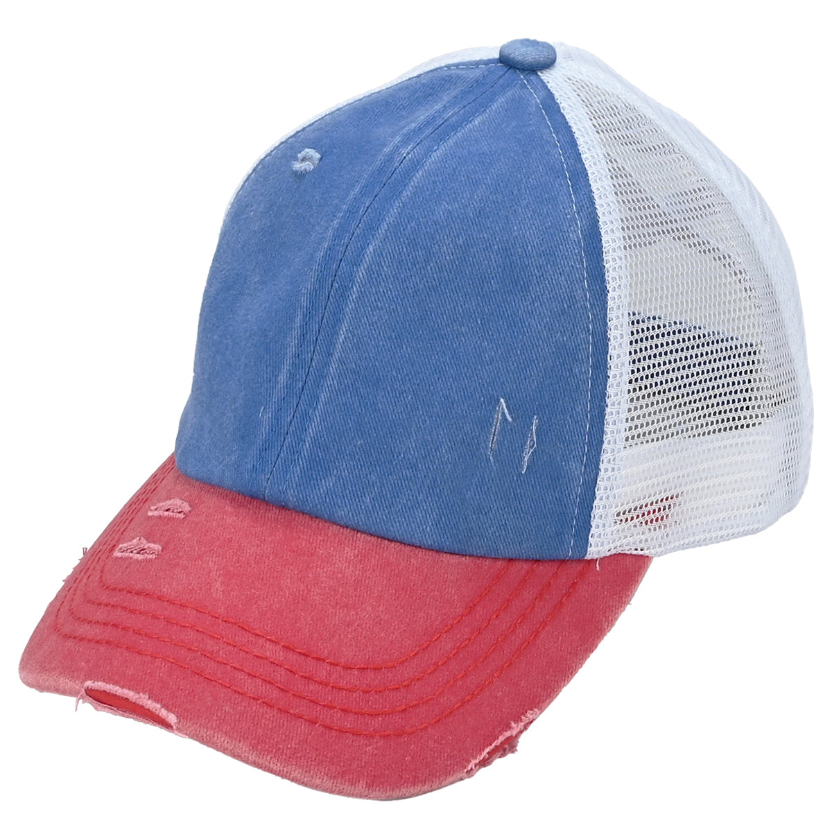 C.C 3-Tone Distressed Criss-Cross Ponytail Cap