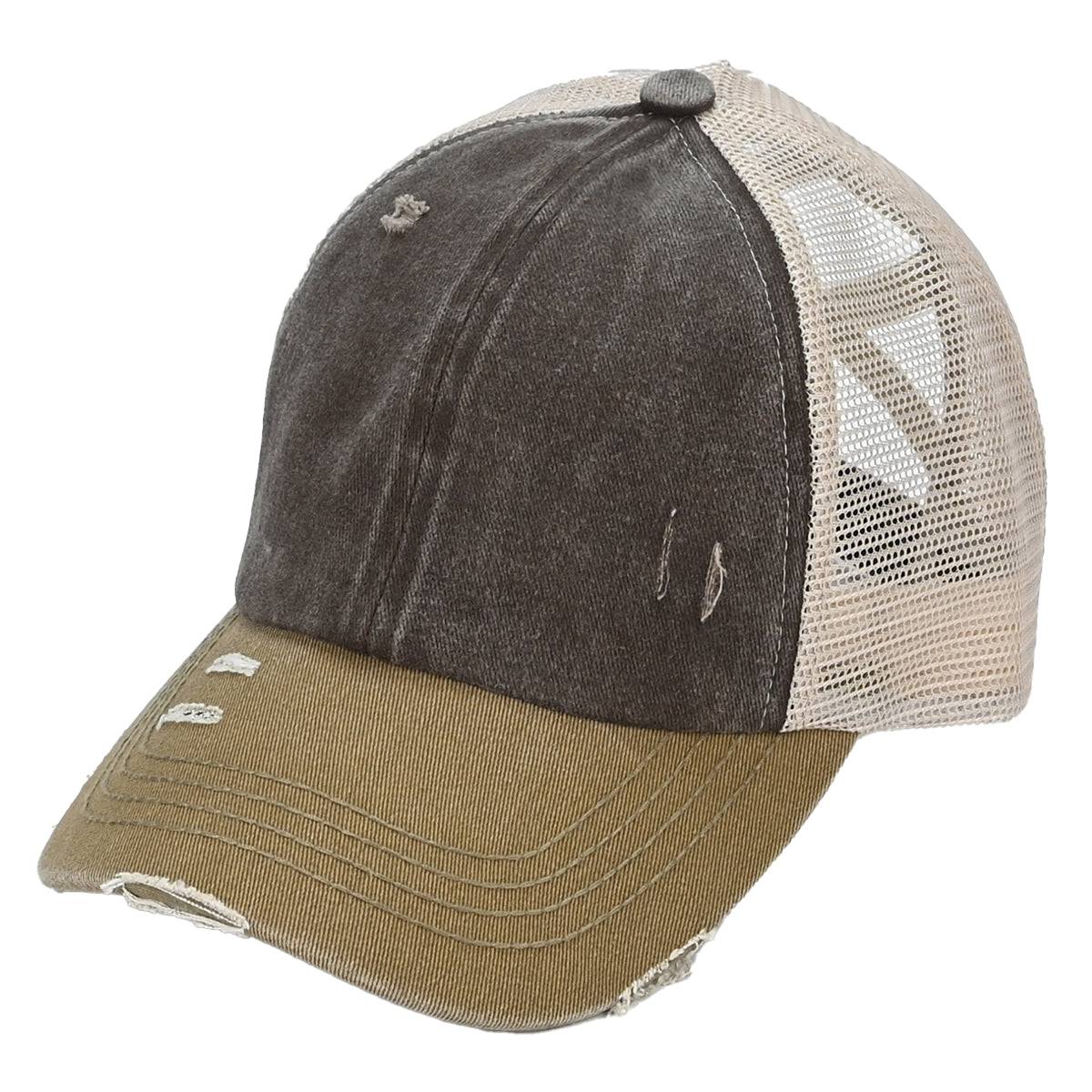 C.C 3-Tone Distressed Criss-Cross Ponytail Cap