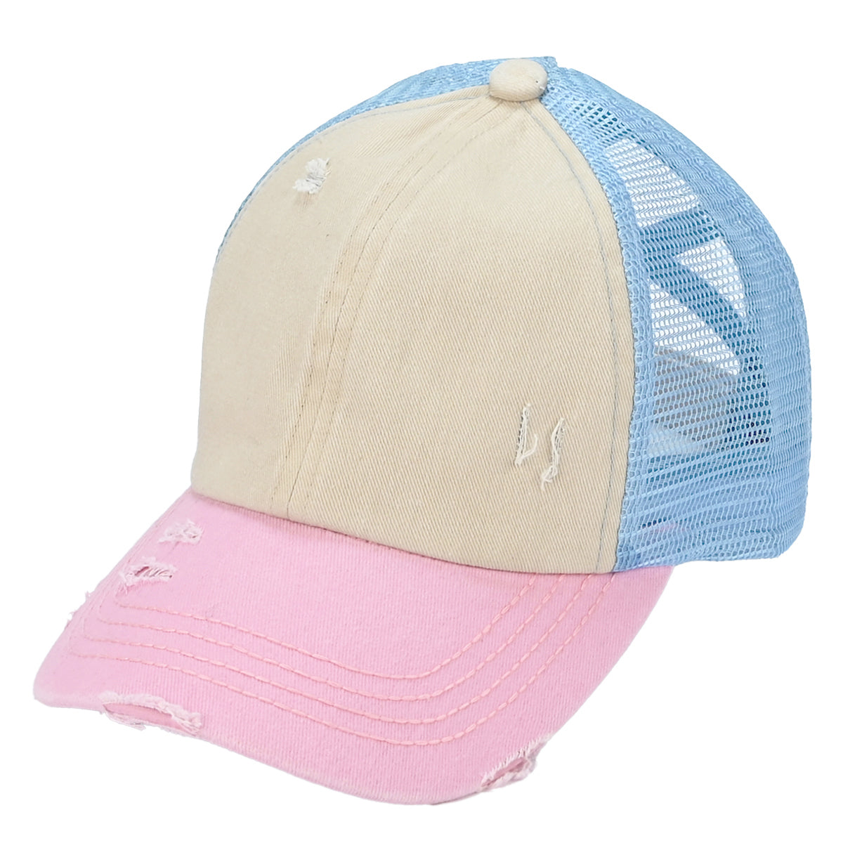 C.C 3-Tone Distressed Criss-Cross Ponytail Cap