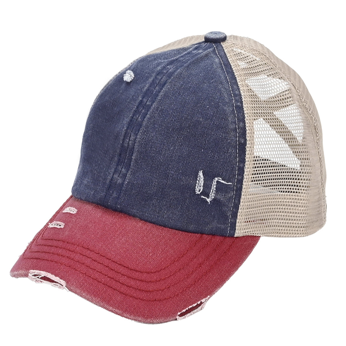 C.C 3-Tone Distressed Criss-Cross Ponytail Cap