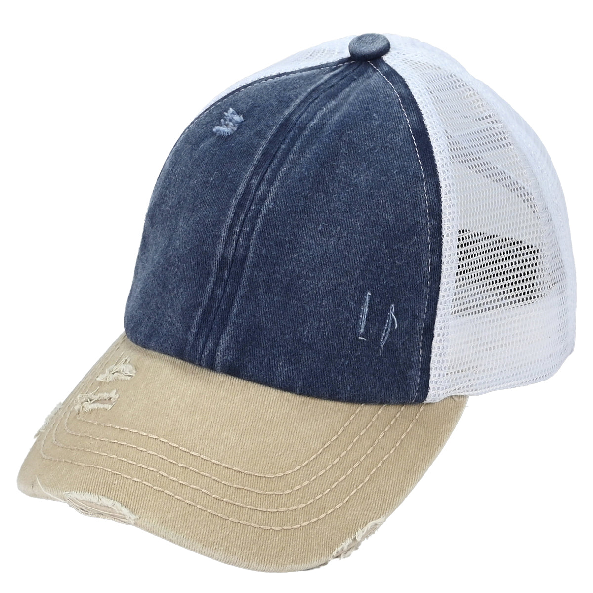 C.C 3-Tone Distressed Criss-Cross Ponytail Cap