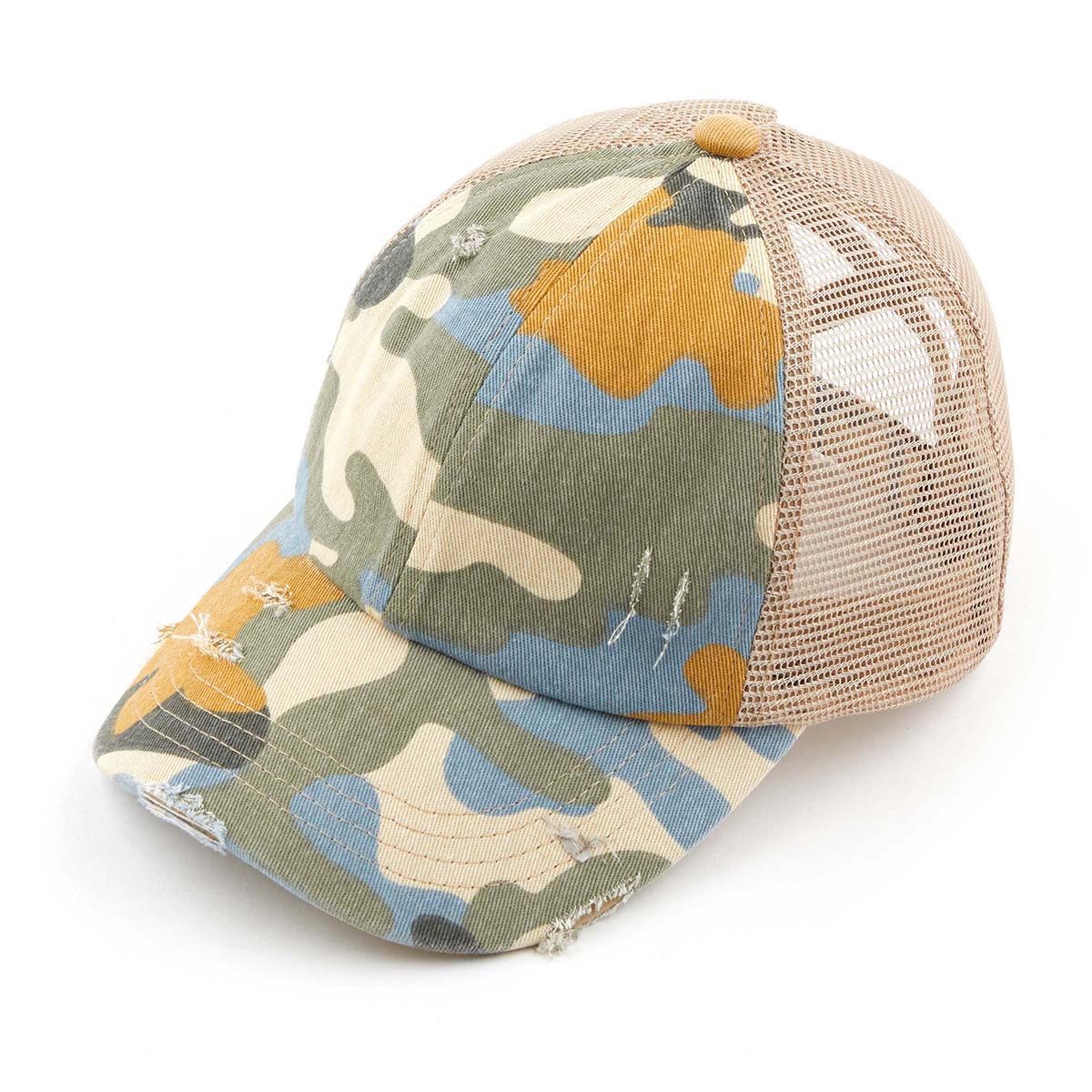 C.C Distressed Camo Criss-Cross Ponytail Hat