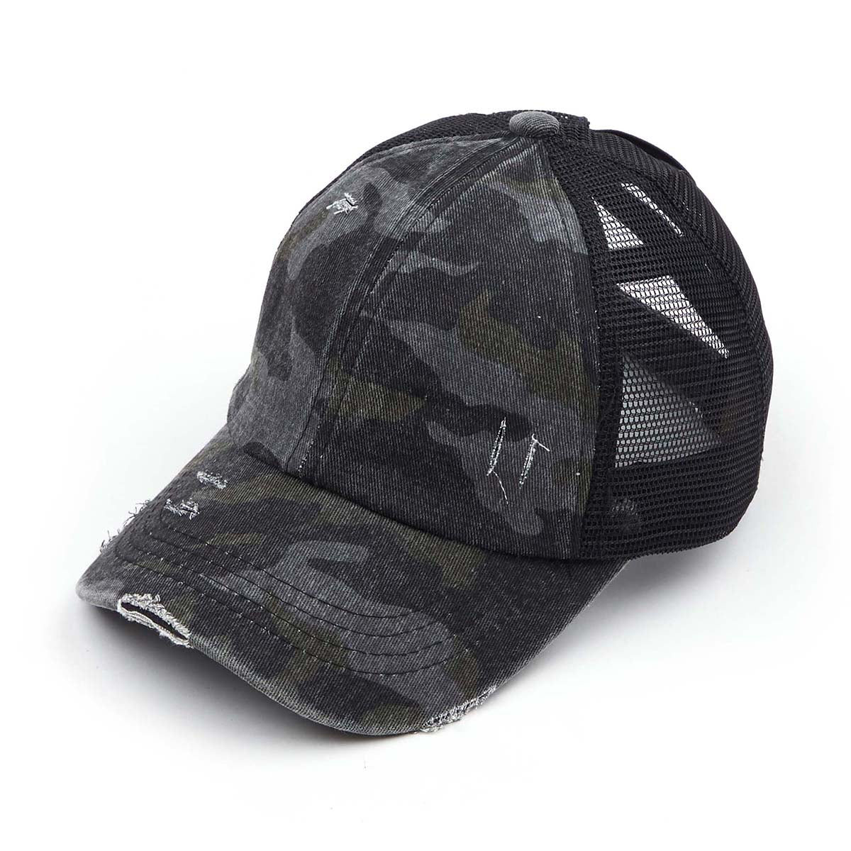 C.C Distressed Camo Criss-Cross Ponytail Hat