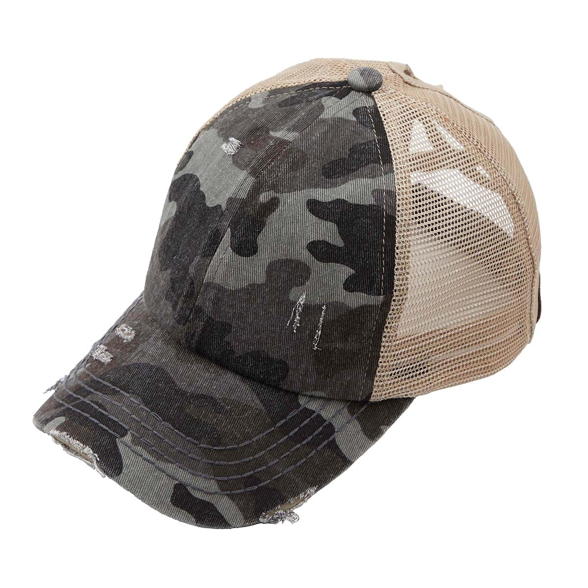 C.C Distressed Camo Criss-Cross Ponytail Hat