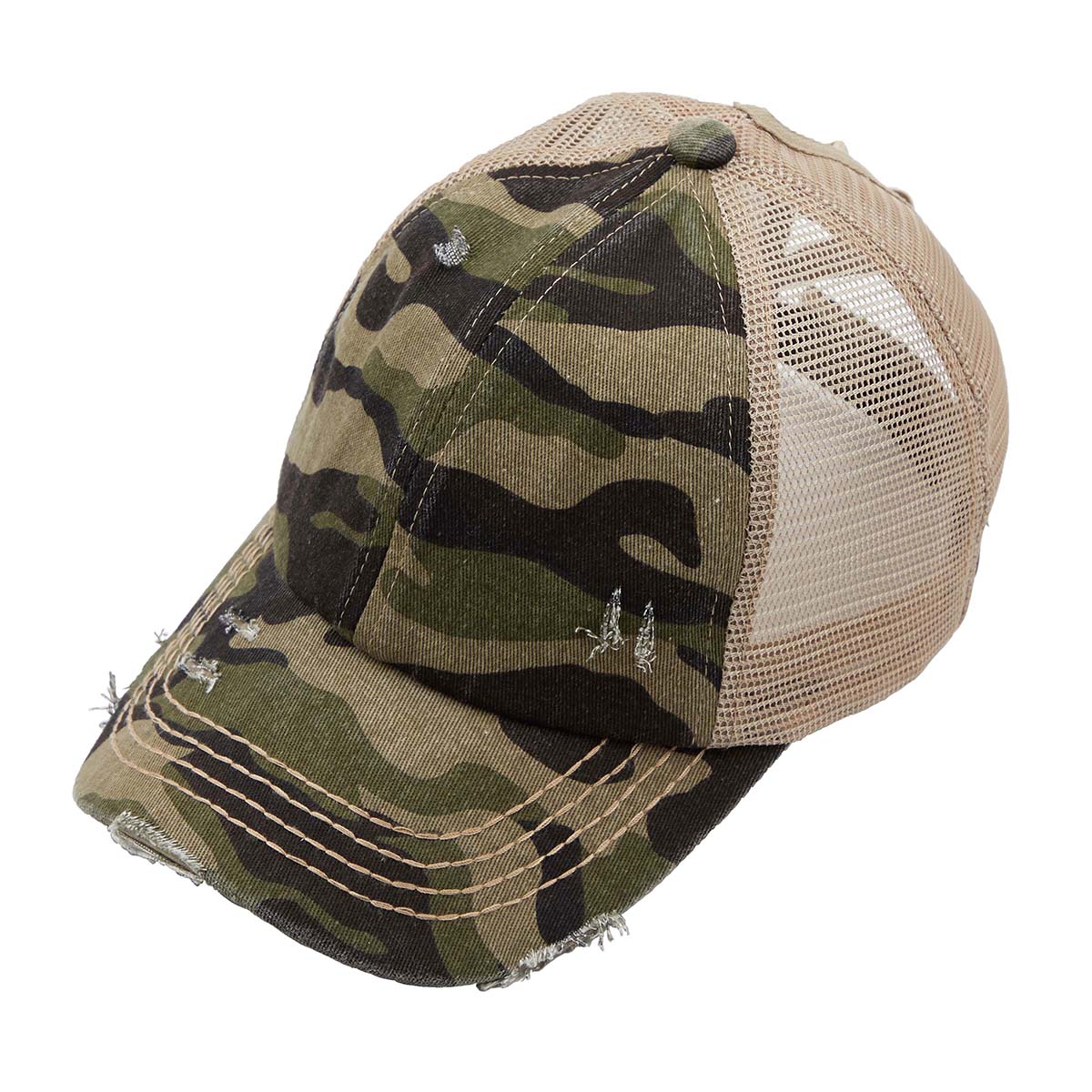 C.C Distressed Camo Criss-Cross Ponytail Hat