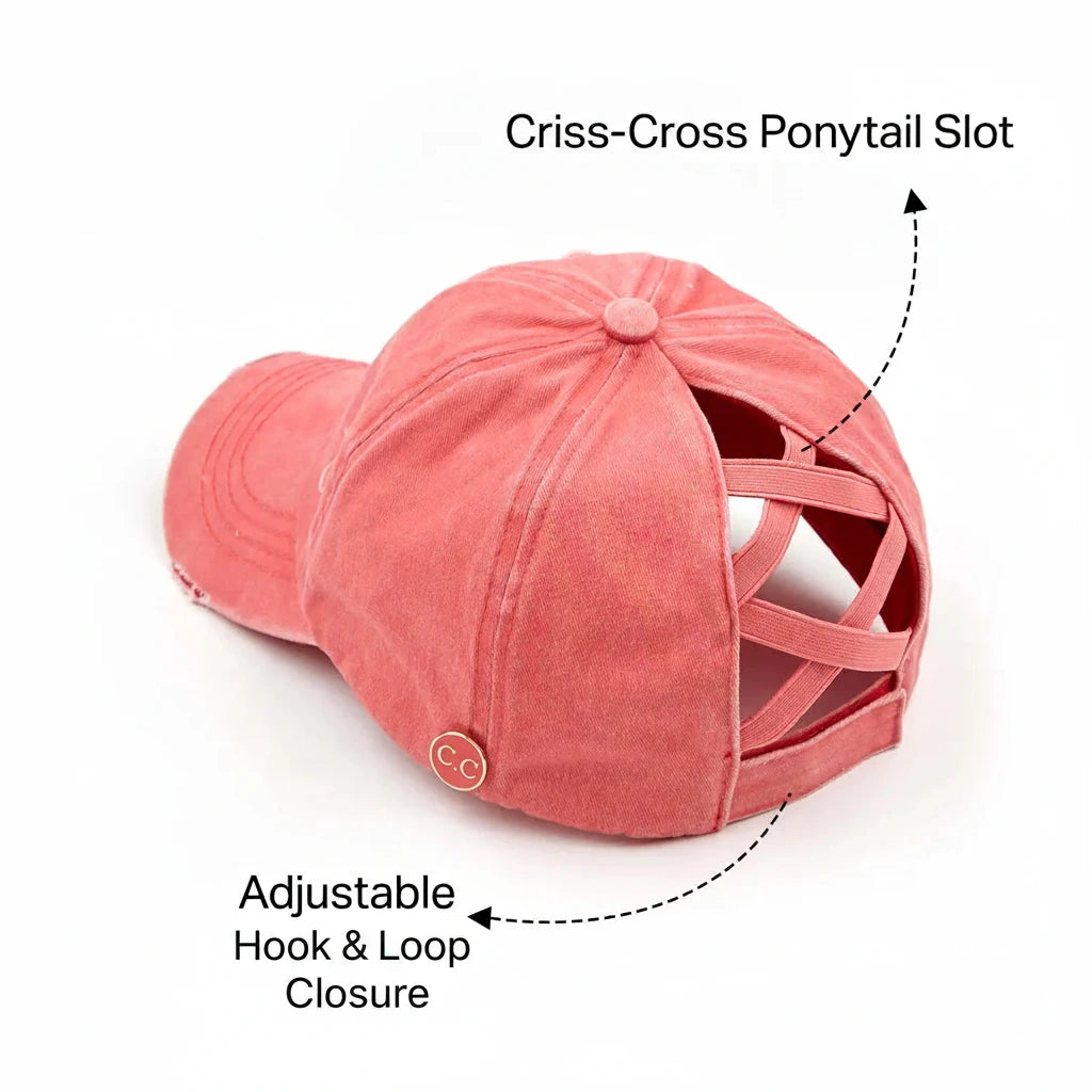 C.C Washed Denim Epoxy Button Criss-Cross Ponytail Hat