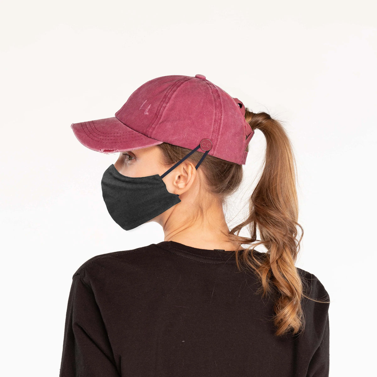 C.C Washed Denim Epoxy Button Criss-Cross Ponytail Hat