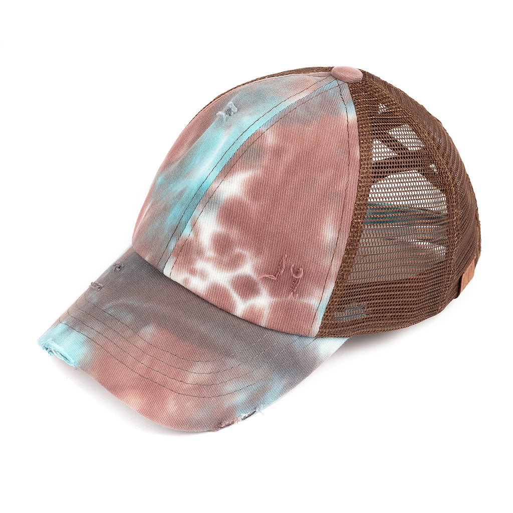 C.C Distressed Tie Dye Criss-Cross Ponytail Baseball Cap