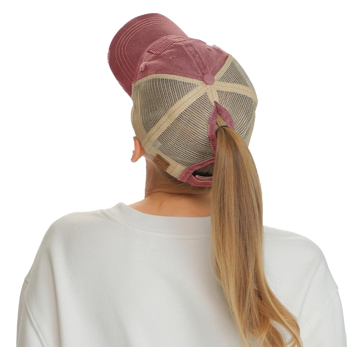C.C Distressed Tone & Tone Embroidered USA Flag Ponytail Hat
