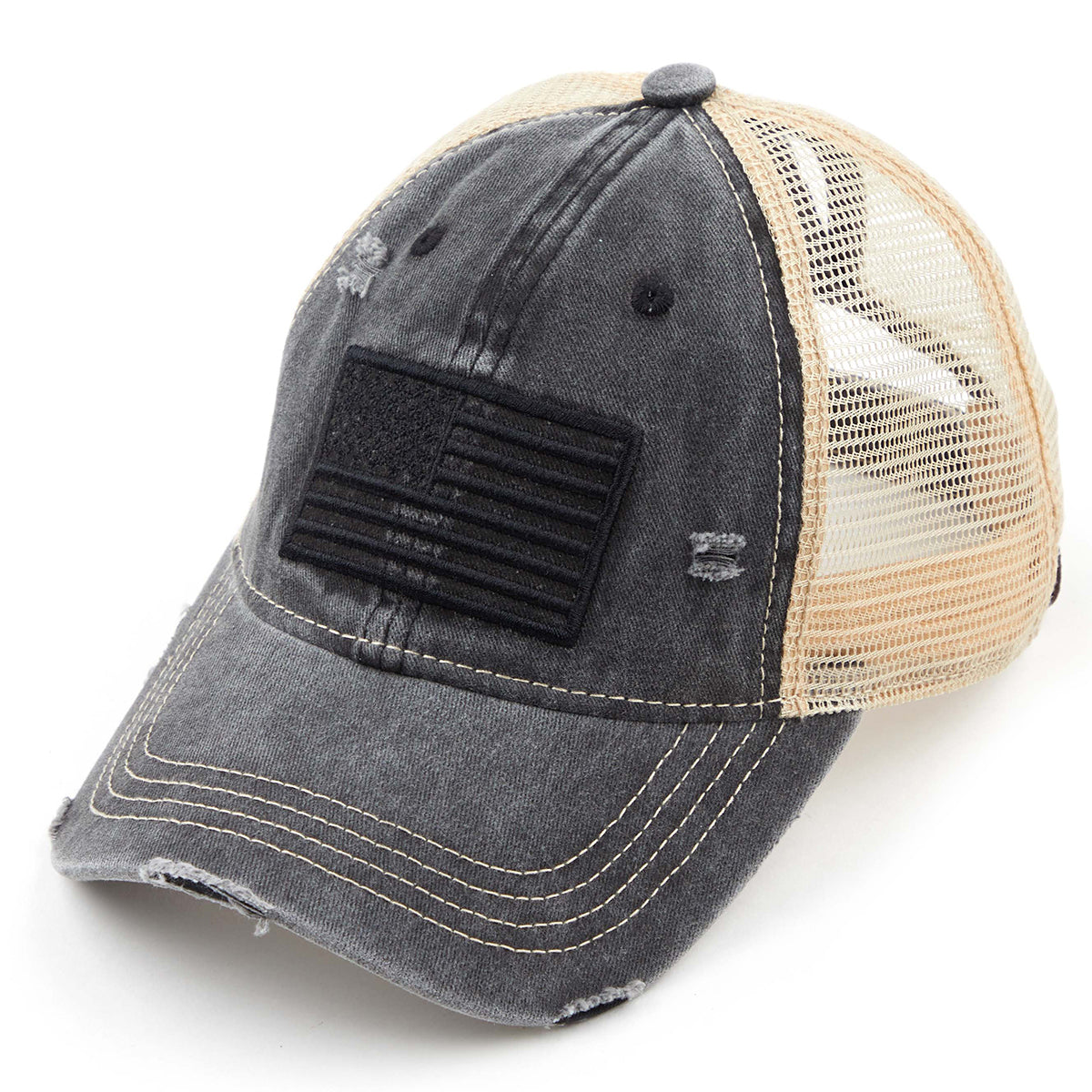 C.C Distressed Tone & Tone Embroidered USA Flag Ponytail Hat