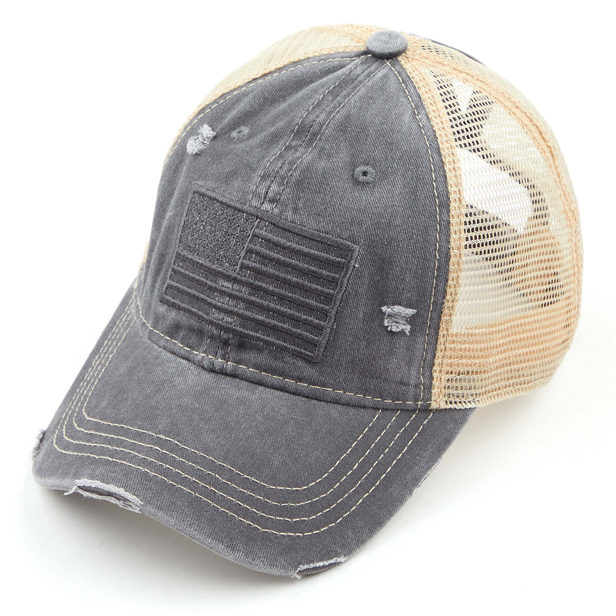 C.C Distressed Tone & Tone Embroidered USA Flag Ponytail Hat