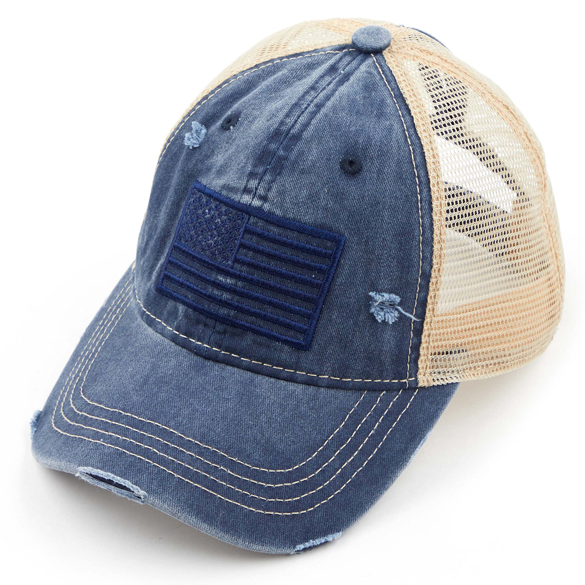 C.C Distressed Tone & Tone Embroidered USA Flag Ponytail Hat