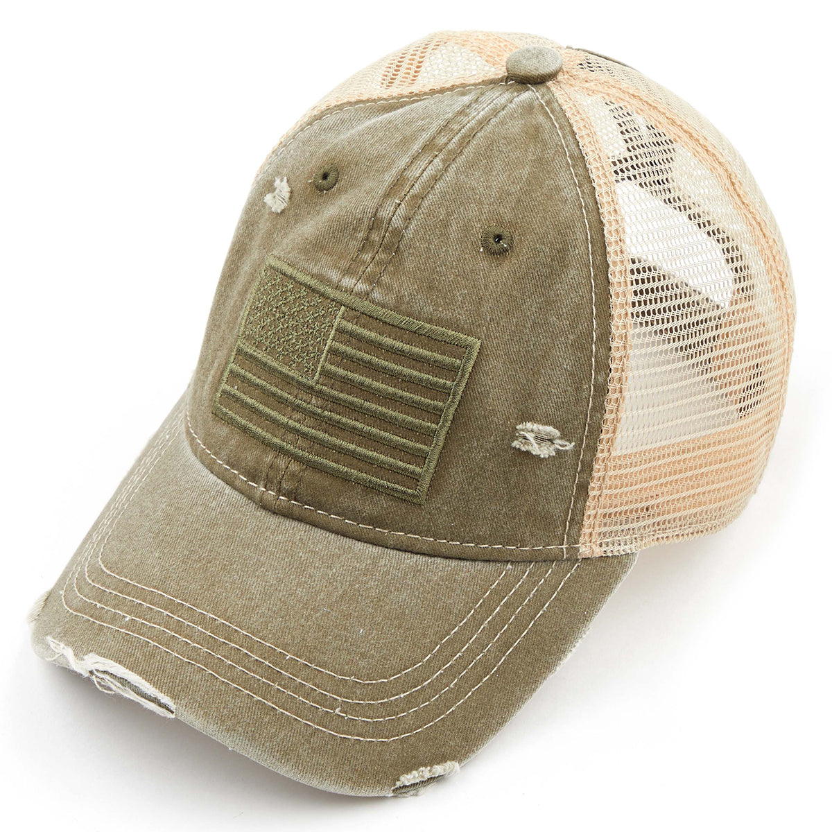C.C Distressed Tone & Tone Embroidered USA Flag Ponytail Hat