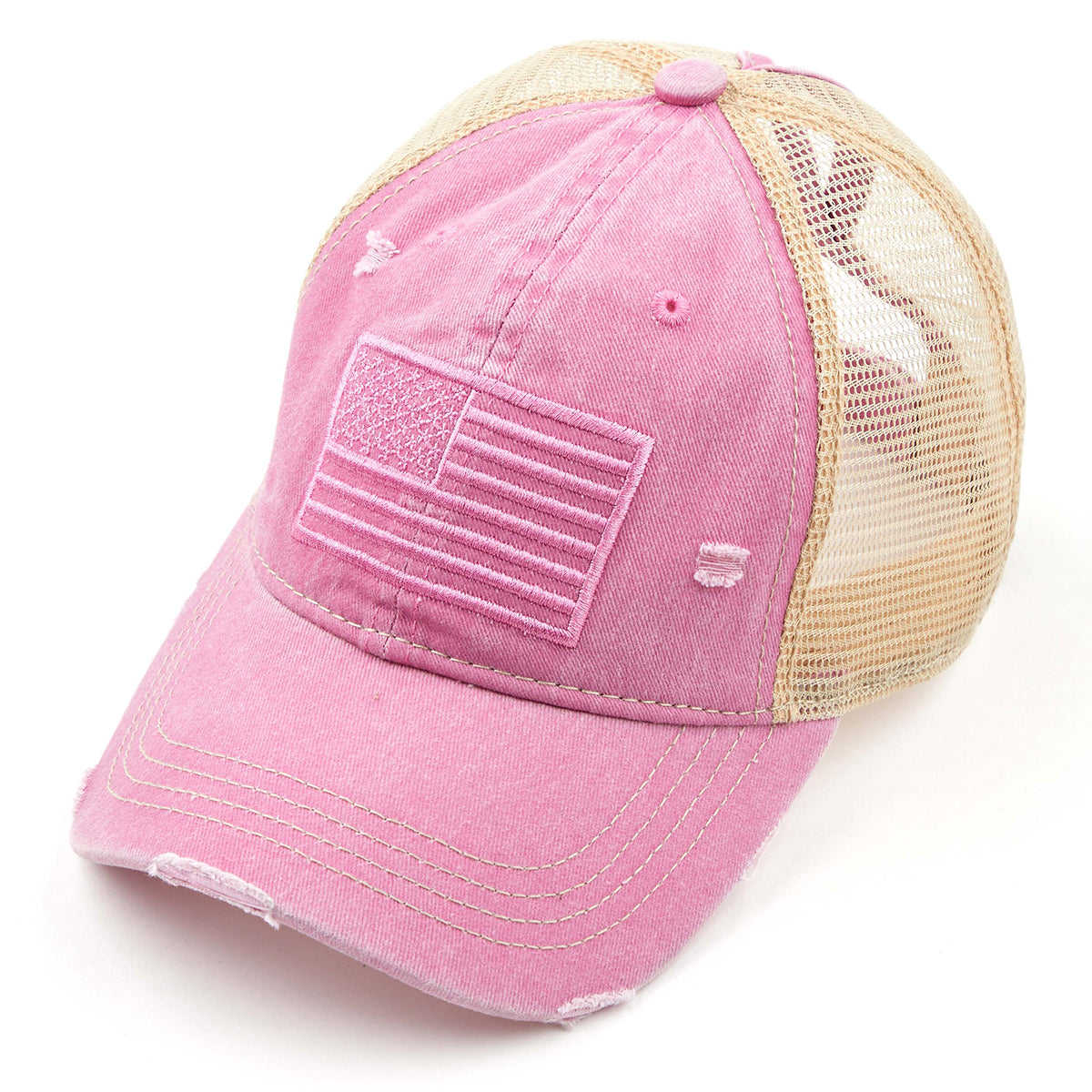 C.C Distressed Tone & Tone Embroidered USA Flag Ponytail Hat