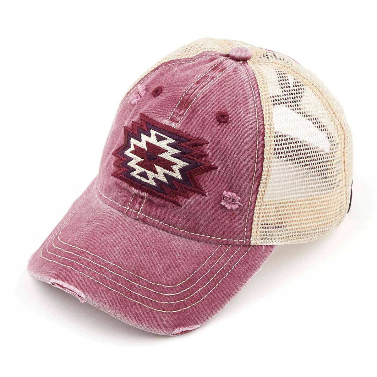 C.C Distressed Aztec Embroidered Ponytail Cap