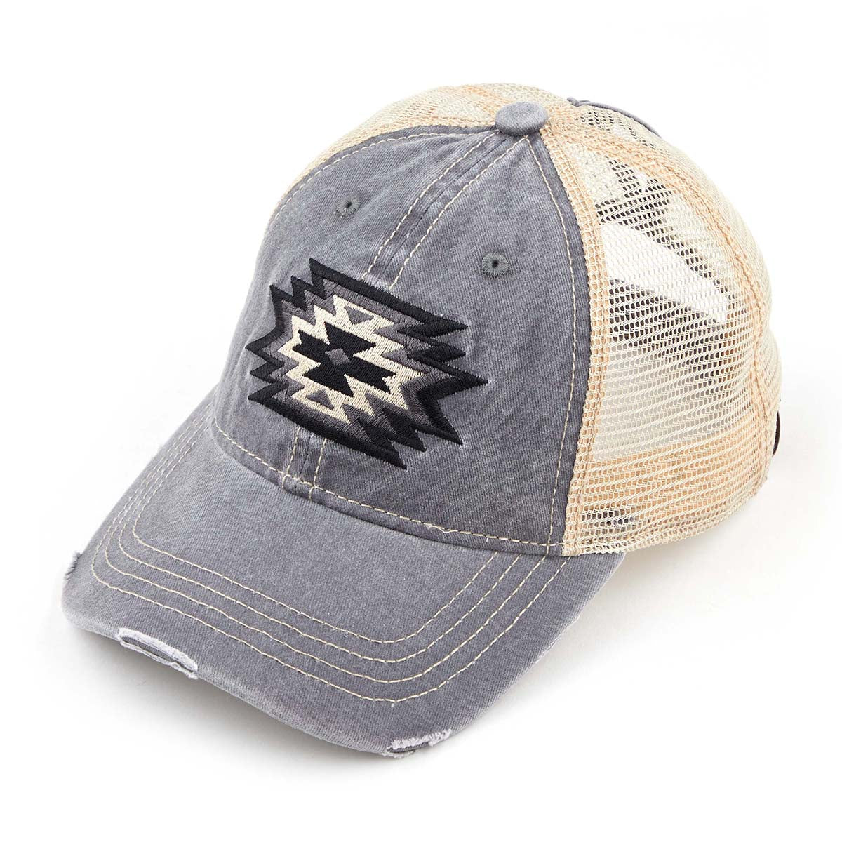 C.C Distressed Aztec Embroidered Ponytail Cap