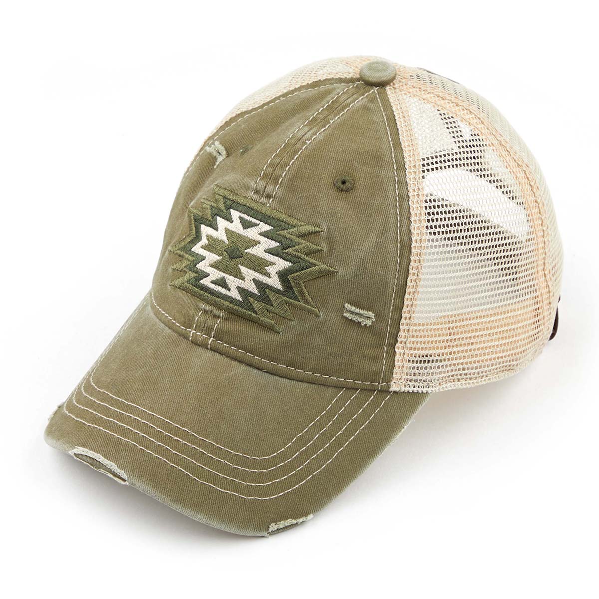 C.C Distressed Aztec Embroidered Ponytail Cap