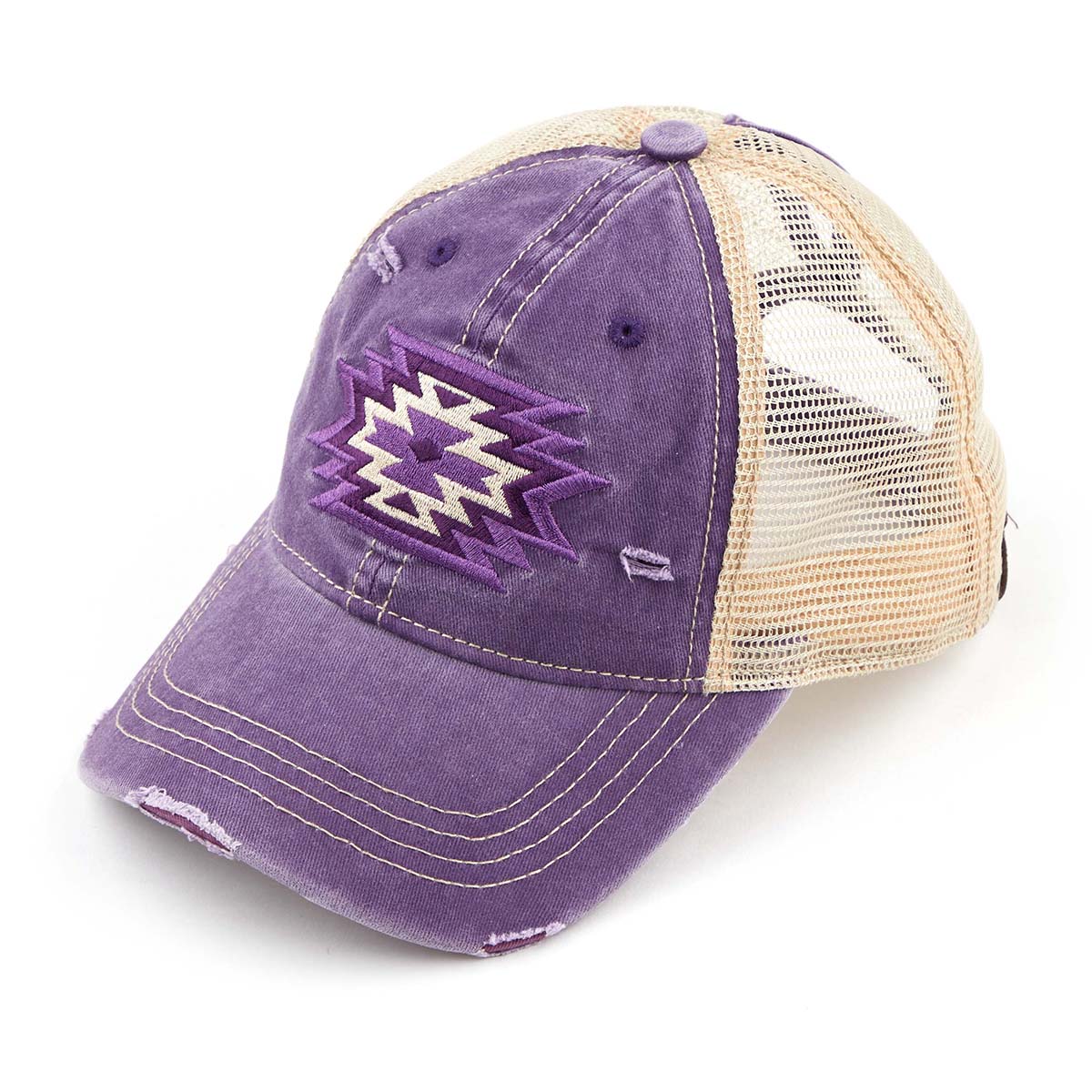 C.C Distressed Aztec Embroidered Ponytail Cap