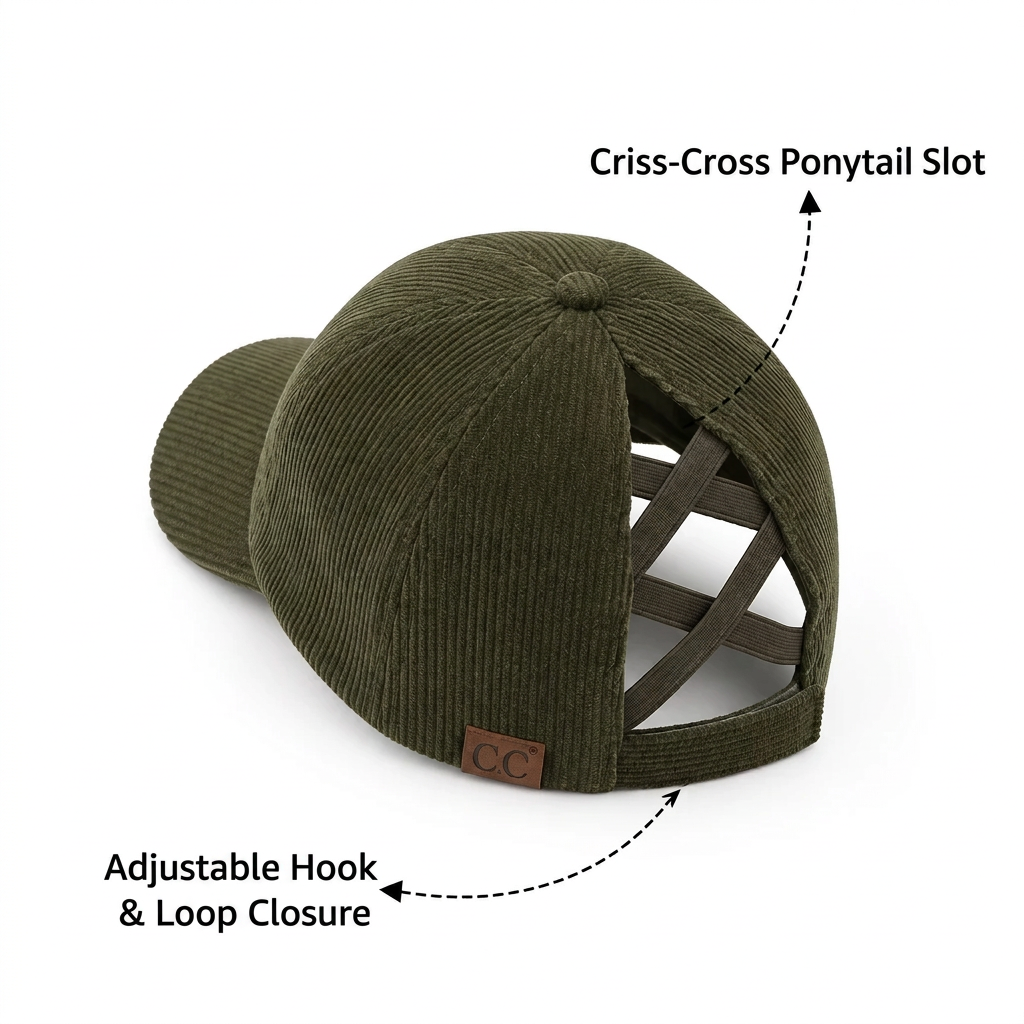 An olive green corduroy baseball cap shown from the back on a white background, with callout arrows and text pointing to the 'Criss-Cross Ponytail Slot' and 'Adjustable Velcro Back'.
