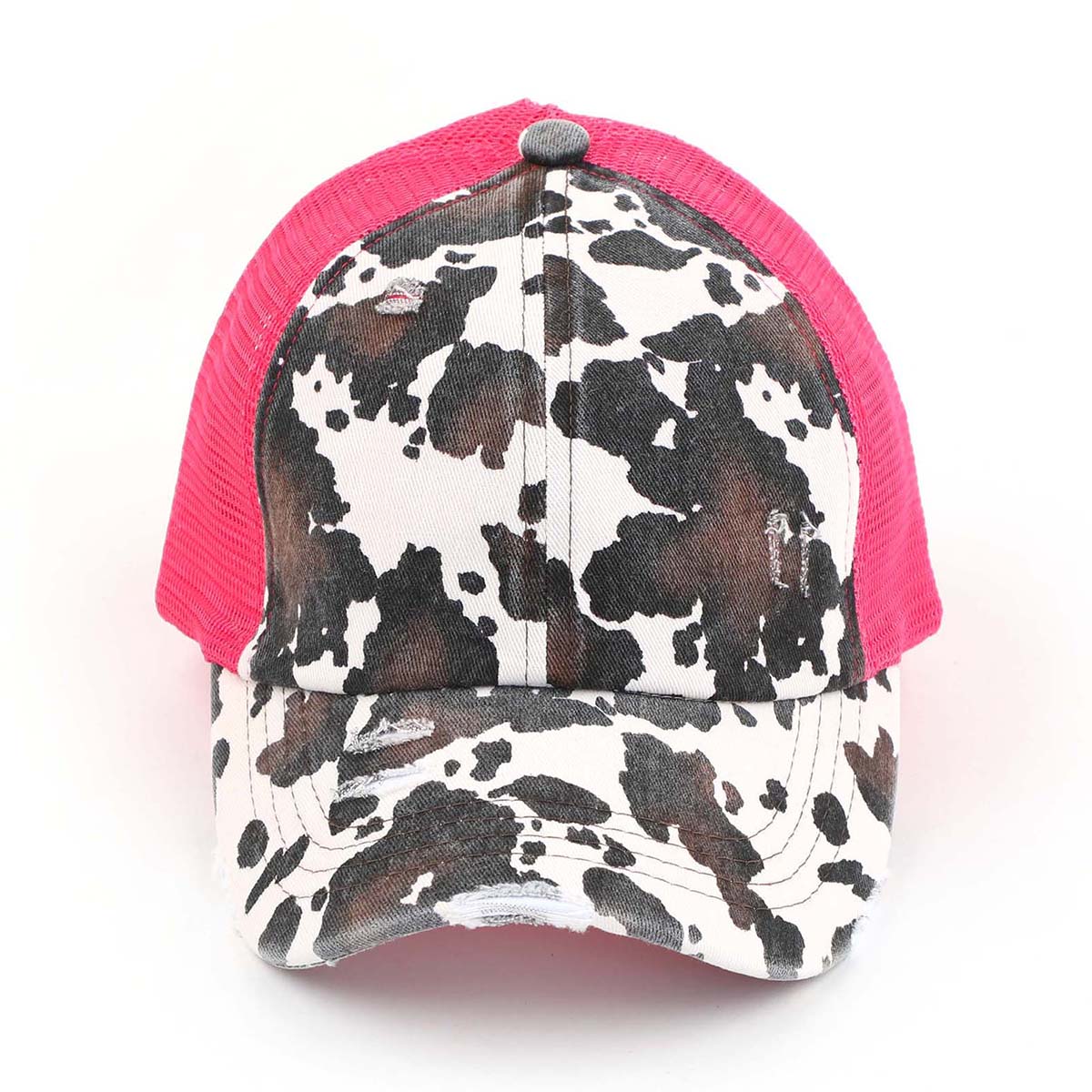 C.C Distressed Cow Print Criss-Cross Ponytail Baseball Cap