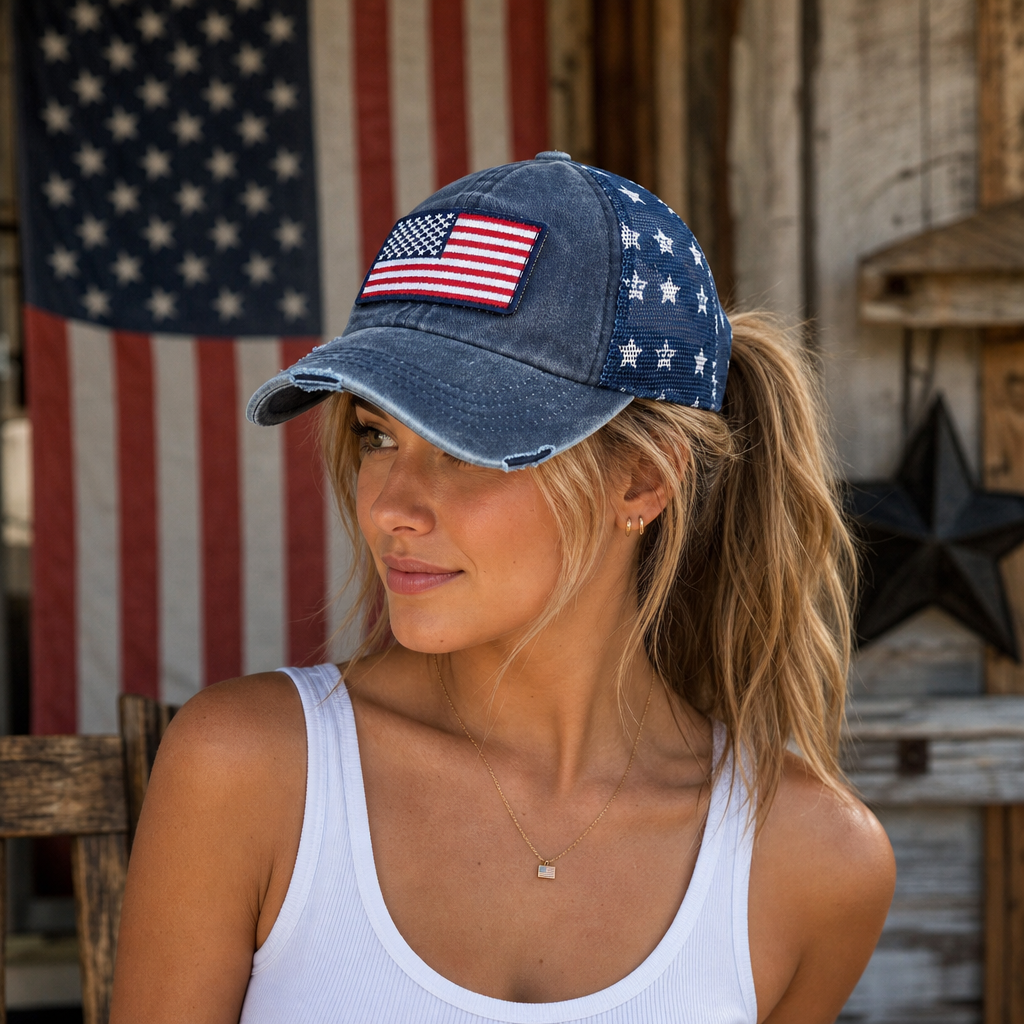 C.C Distressed America 250 Patriotic Criss-Cross Ponytail Hat