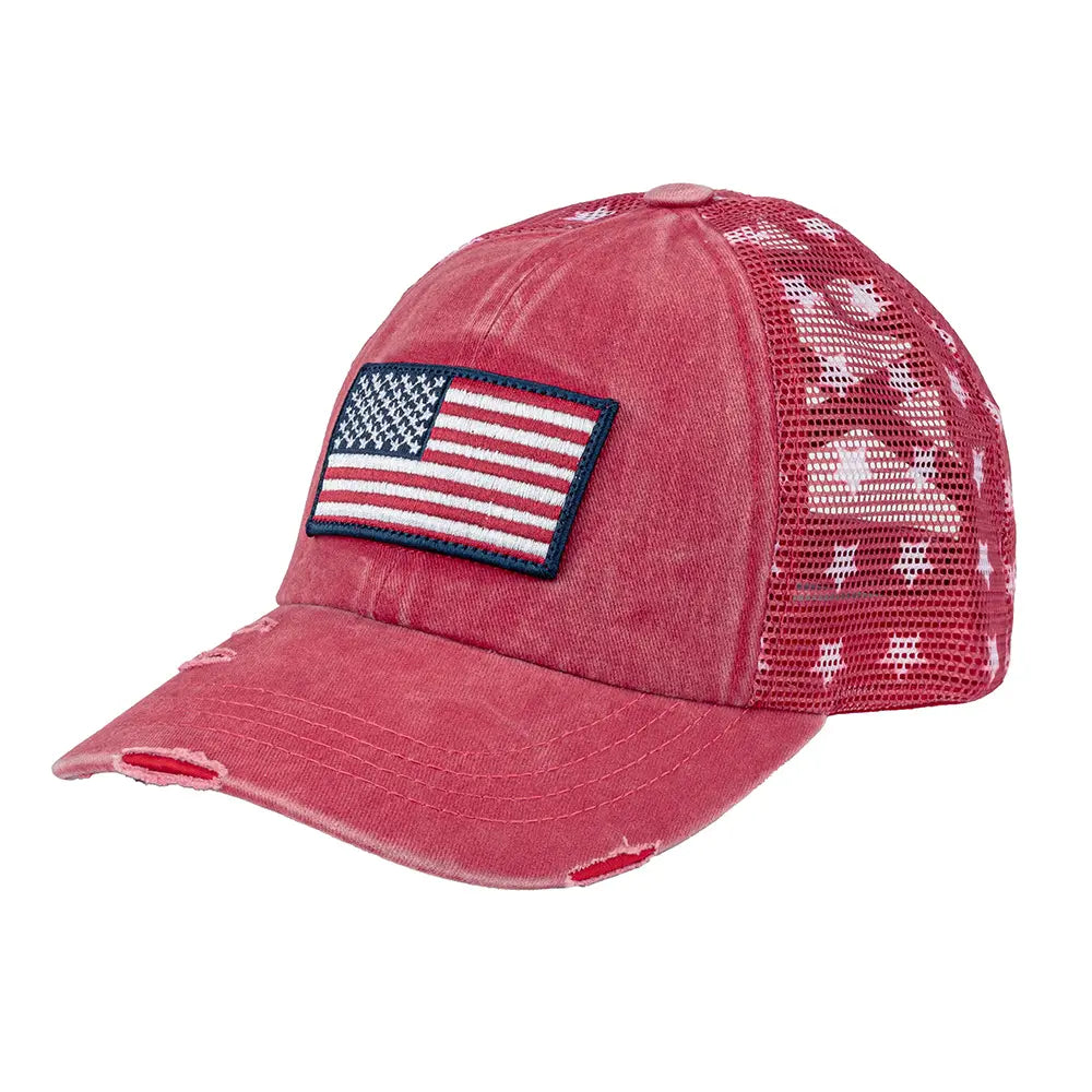 Red distressed trucker cap with American flag patch on a white background
