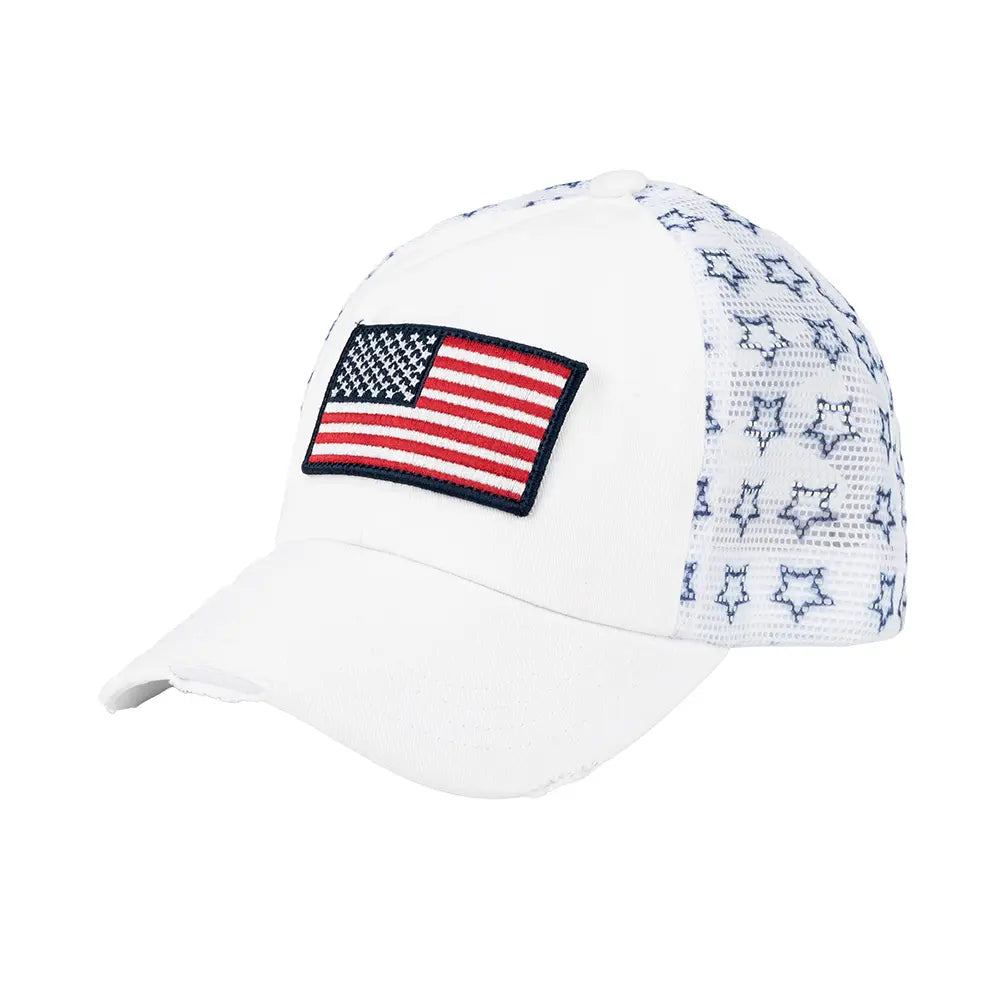 White cap with American flag patch and star pattern on a white background