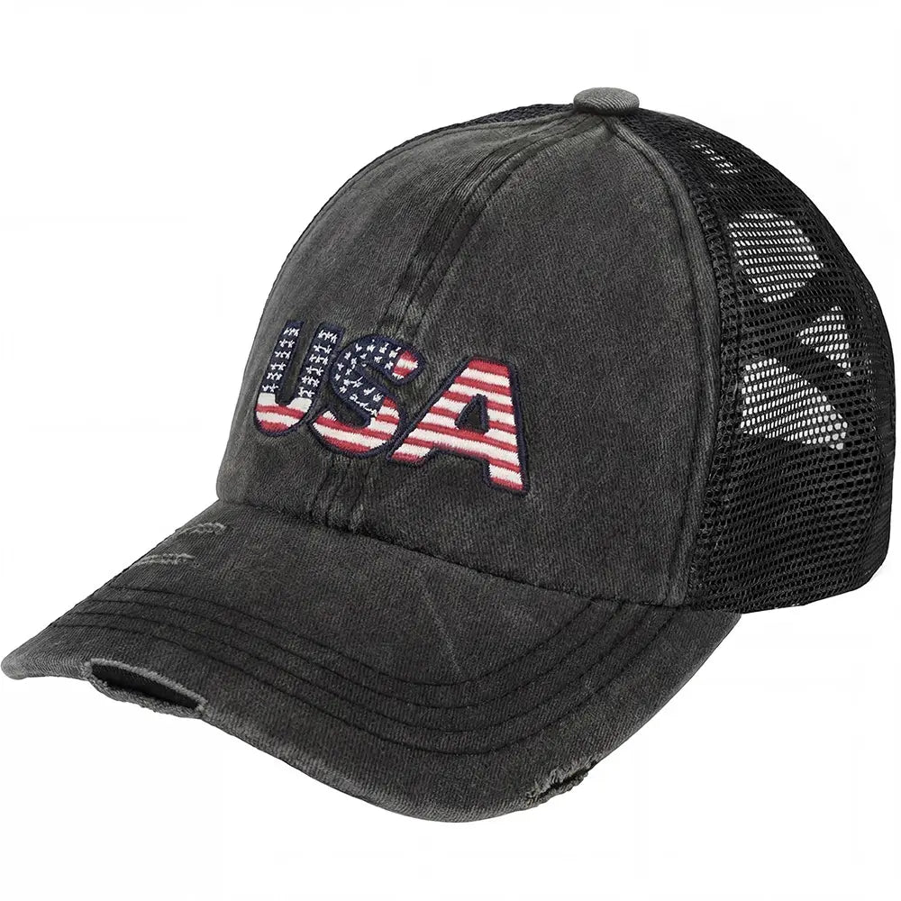 Black trucker cap with 'USA' logo on a white background
