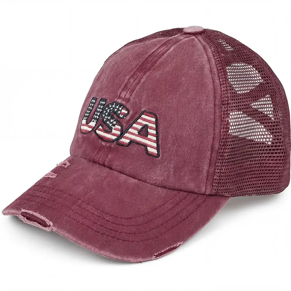Maroon trucker cap with 'USA' and American flag design on a white background