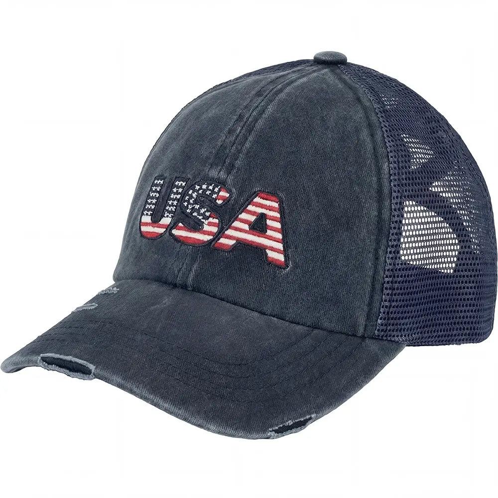 Blue mesh cap with 'USA' text in American flag design on a white background