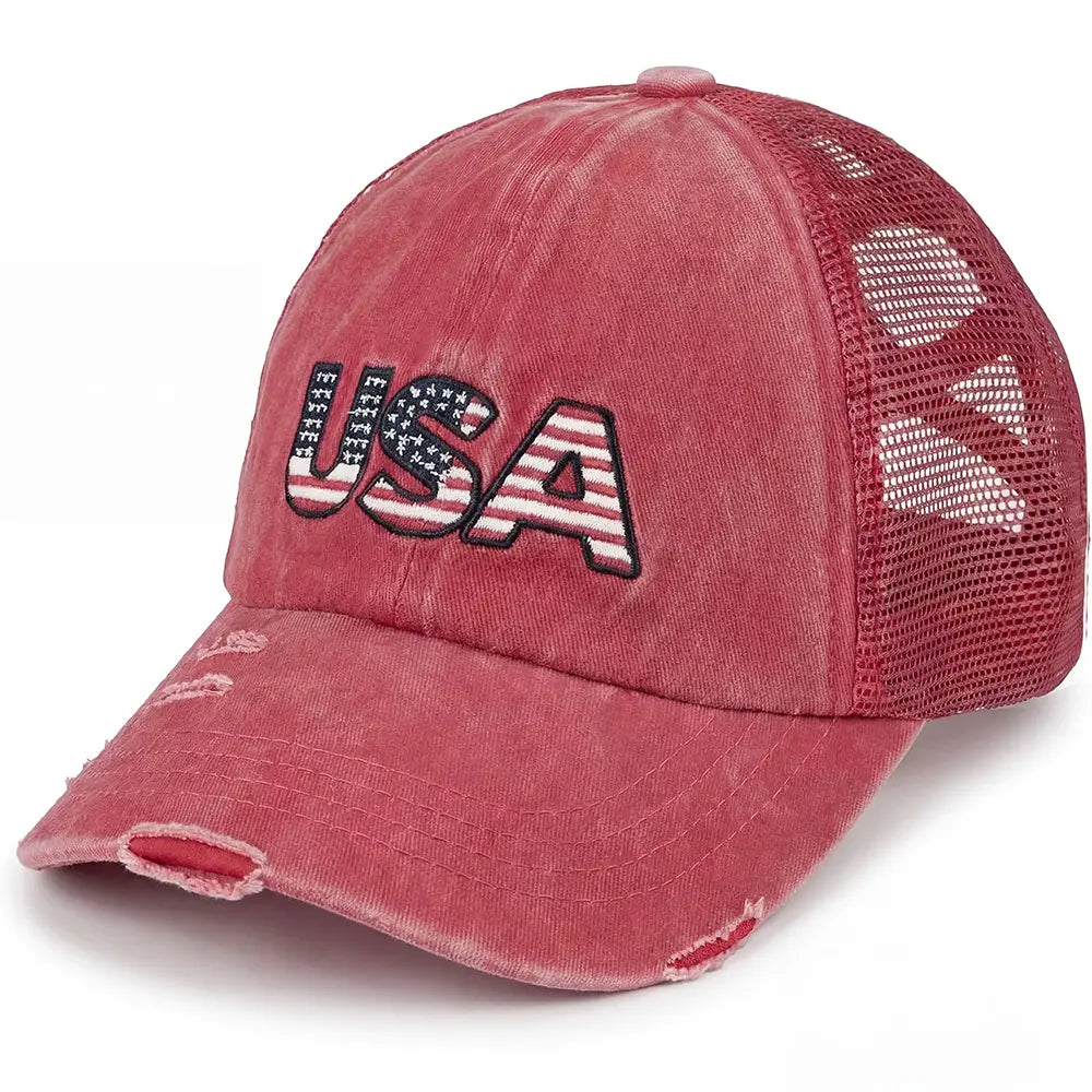 Red distressed baseball cap with 'USA' text on a white background