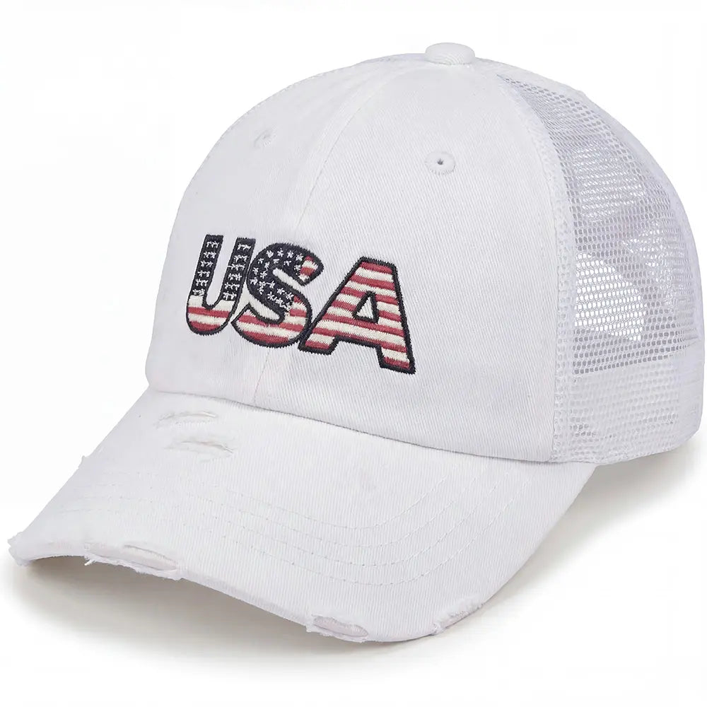 White cap with 'USA' text featuring an American flag design on a white background