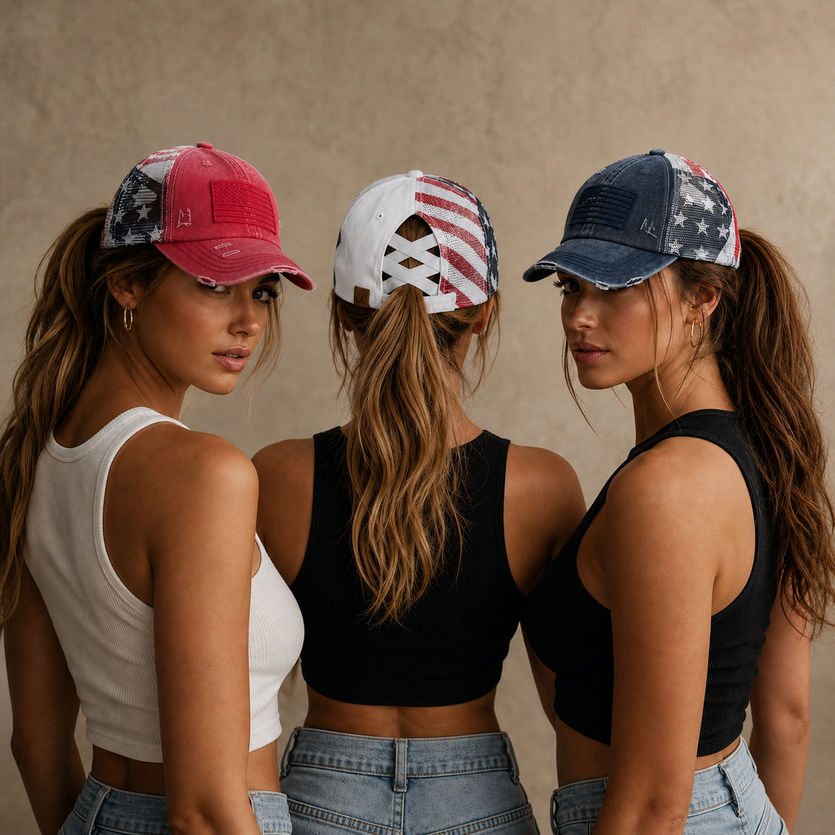 C.C Distressed Embroidered USA Flag Criss-Cross Ponytail Hat