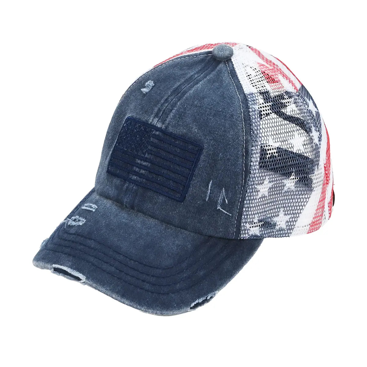 C.C Distressed Embroidered USA Flag Criss-Cross Ponytail Hat