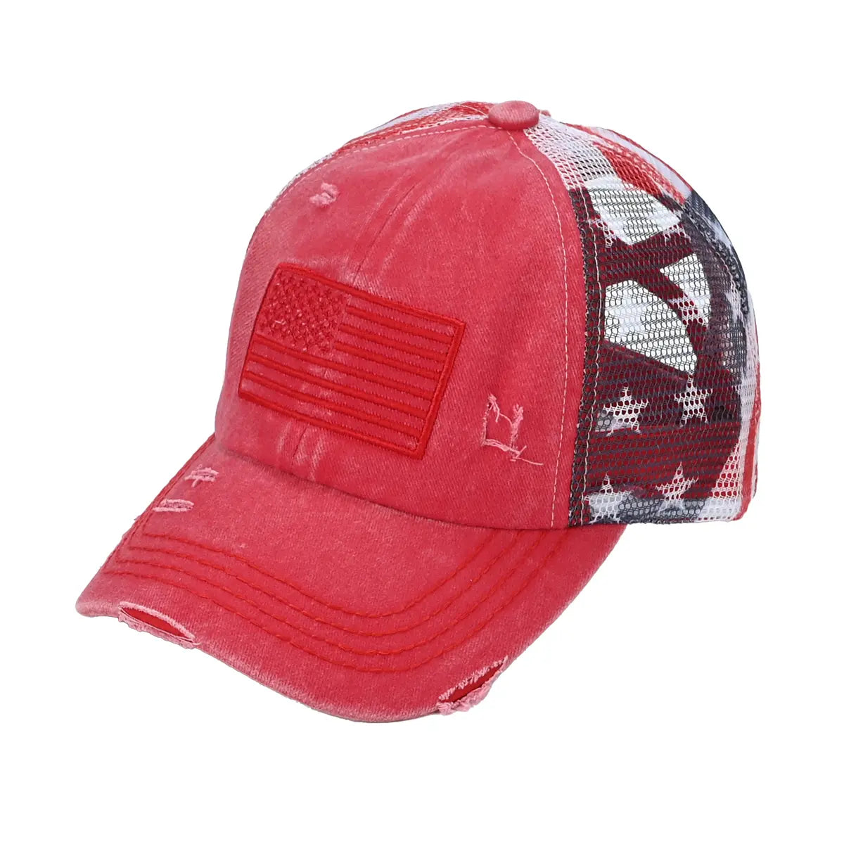 C.C Distressed Embroidered USA Flag Criss-Cross Ponytail Hat