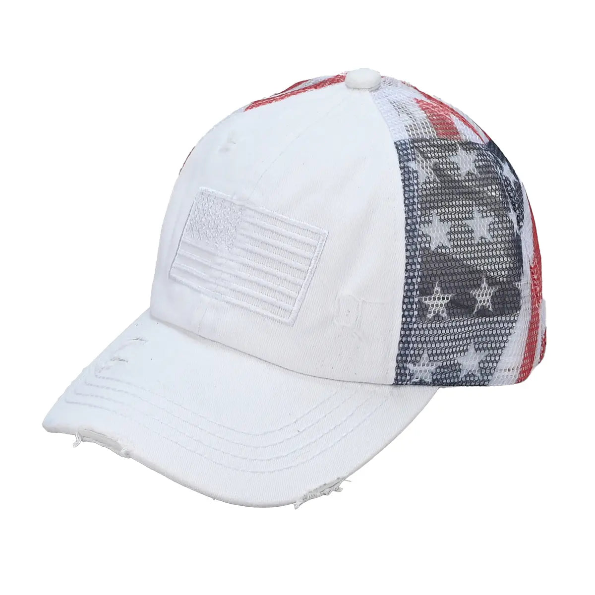 C.C Distressed Embroidered USA Flag Criss-Cross Ponytail Hat