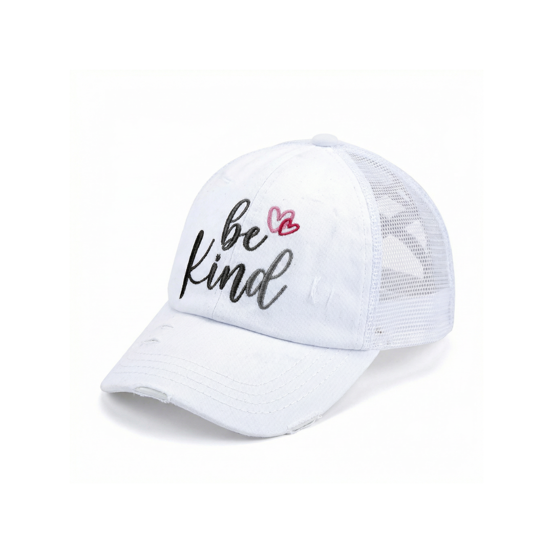 Distressed Embroidered Be Kind Criss-Cross Ponytail Cap