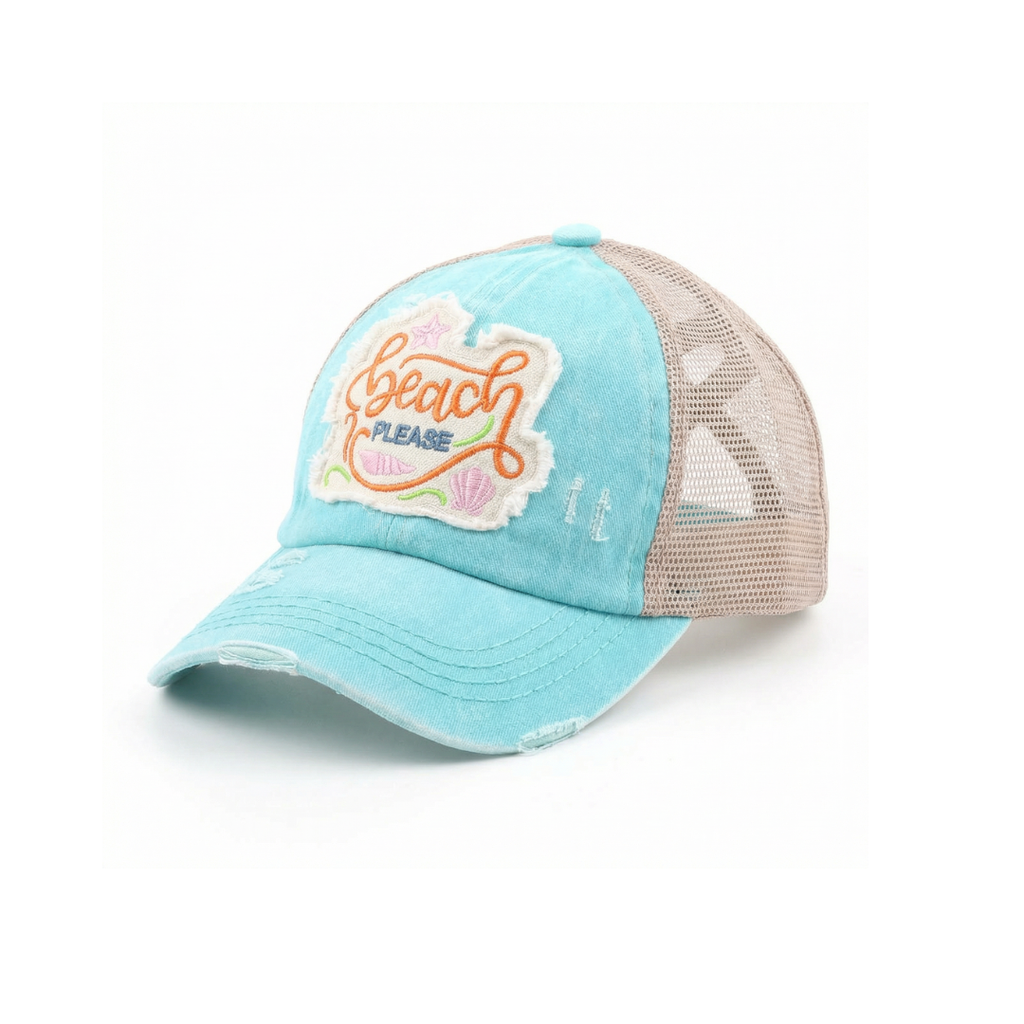 Distressed Beach Please Embroidered Patch Ponytail Cap