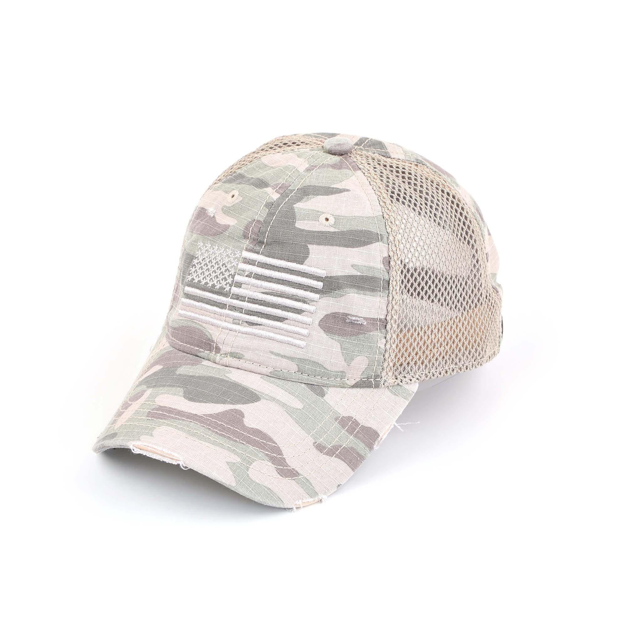Distressed Camo Baseball Cap with Embroidered USA Flag
