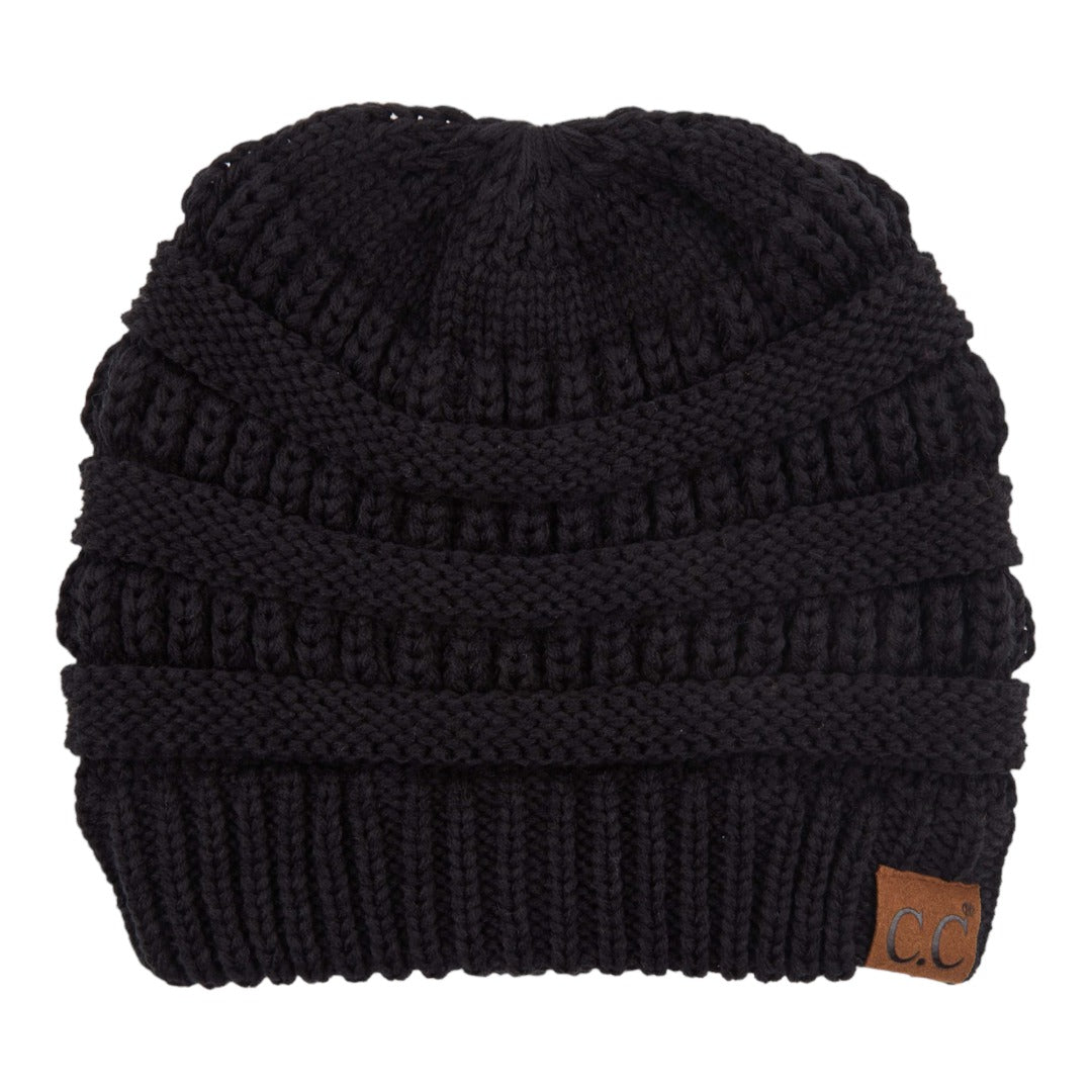 C.C Ribbed Knit Criss-Cross Ponytail Beanie