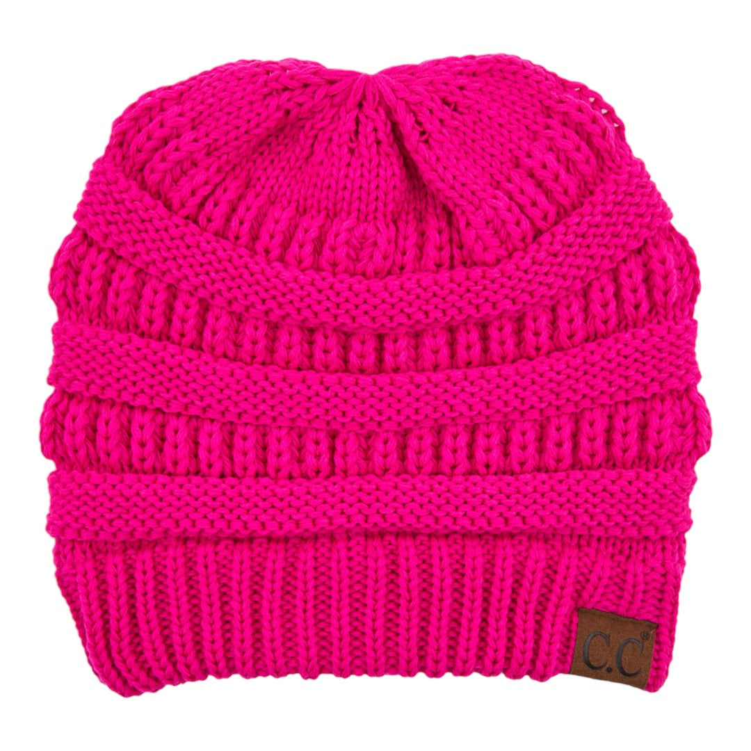 C.C Ribbed Knit Criss-Cross Ponytail Beanie