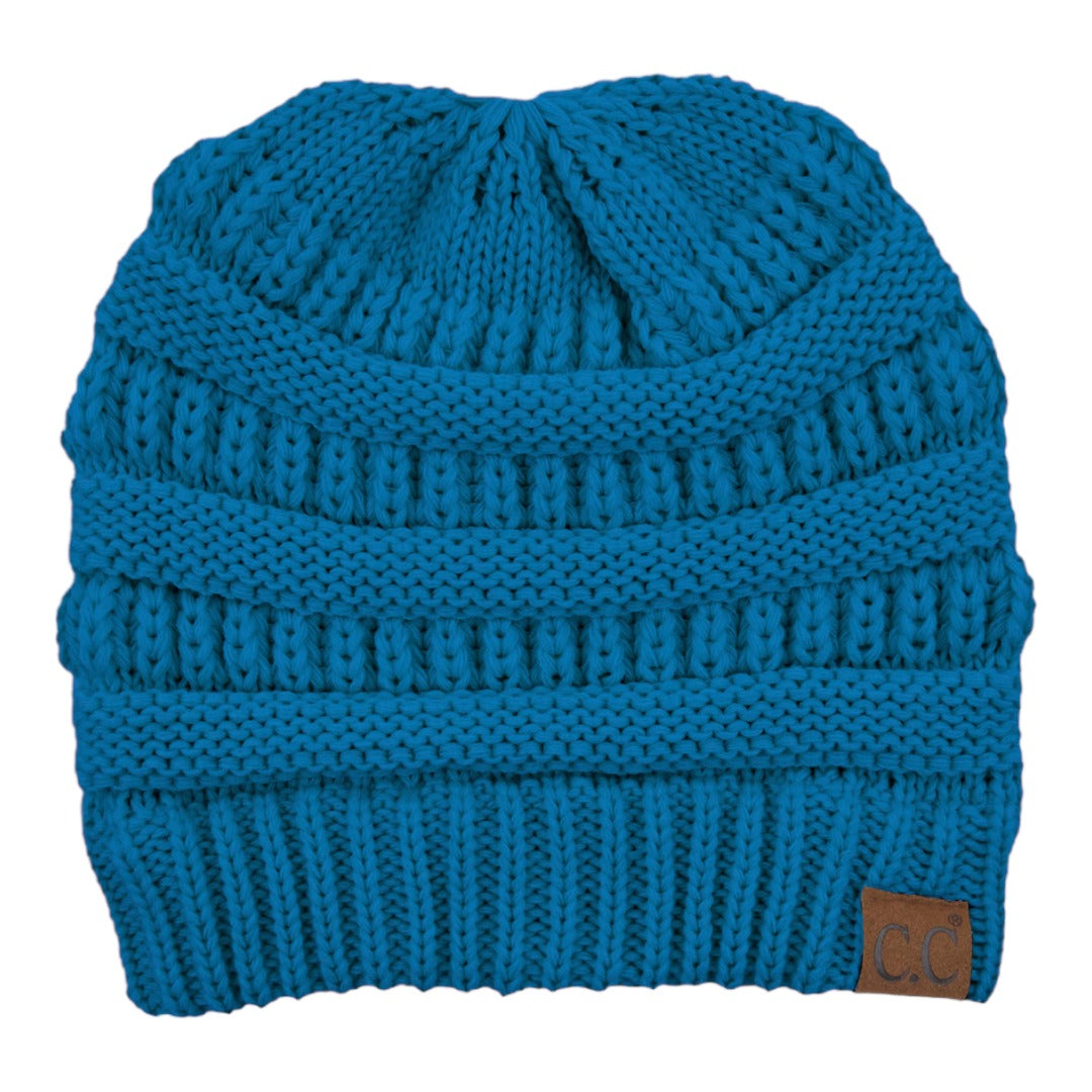 C.C Ribbed Knit Criss-Cross Ponytail Beanie