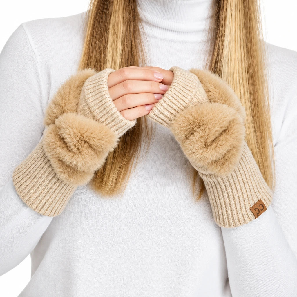 C.C Faux Fur Bow Fingerless Gloves